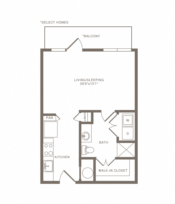 Floor plan for studio, 1 bath, 590 sqft
